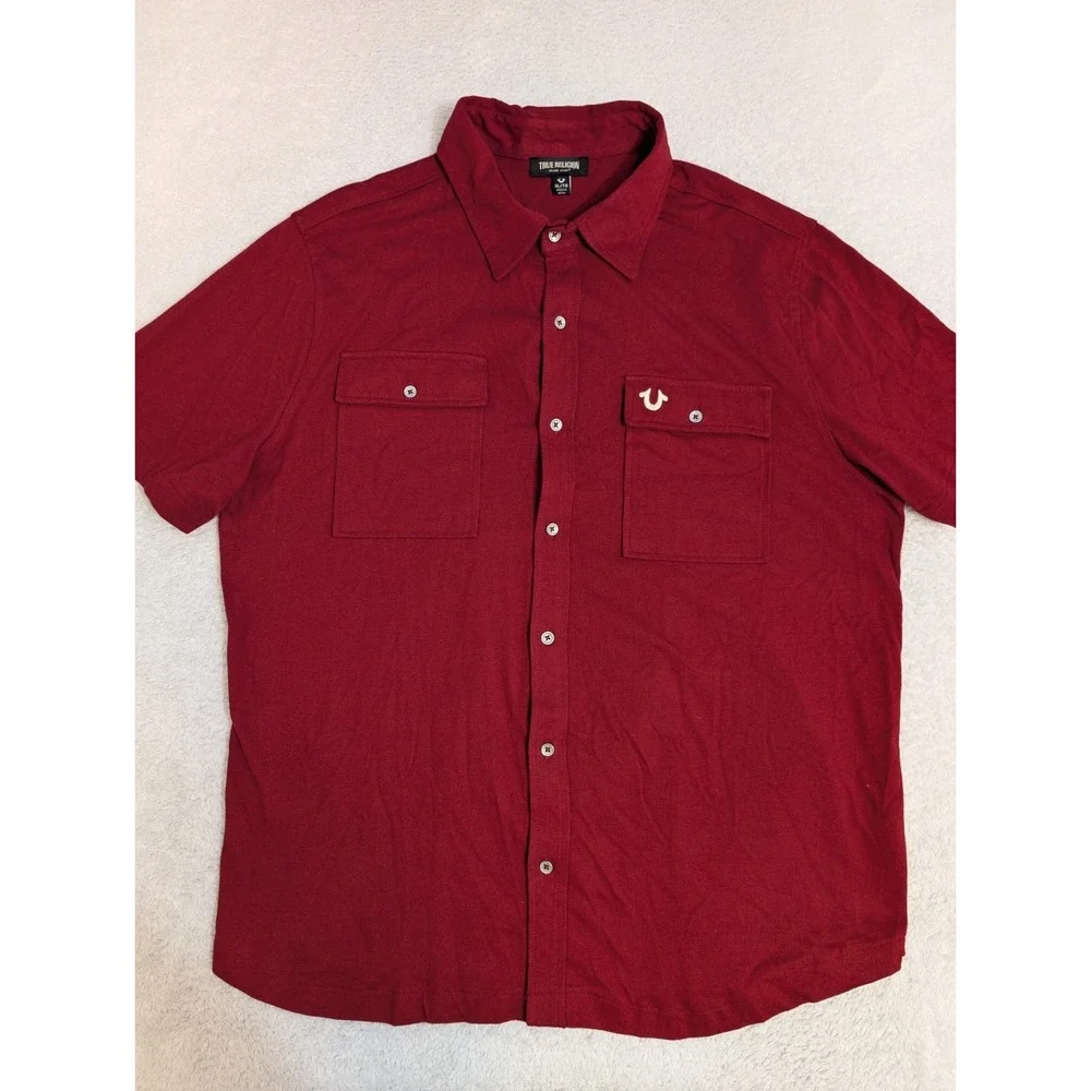 True‎ Religion Men's XL Triple Needle Knit Button Up Shirt Red S/S Double Pocket